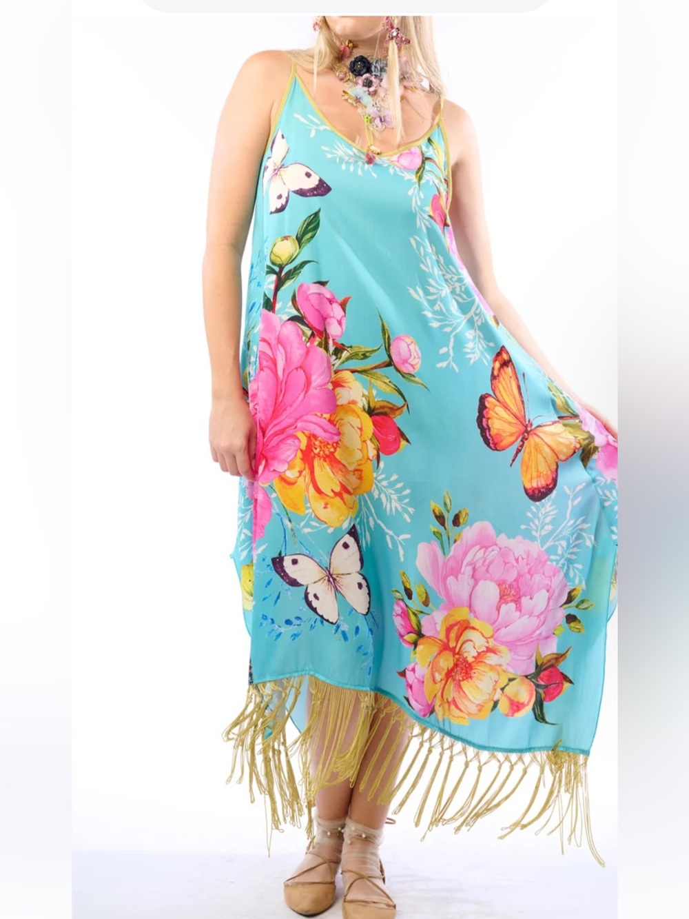 Aratta Turquoise Floral & Butterfly Midi Dress with Fringe
